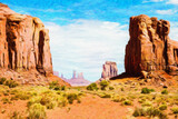 Fototapeta Desenie - Creative illustration in vintage watercolor design - Monument Valley in USA, red panorama with blue sky.