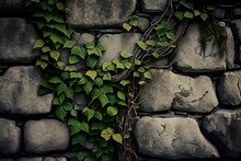 Weathered And Textured Stone Wall With Vines Growing On It, Concept Of Aged And Mossy, Created With Generative AI Technology
