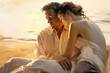 Ölgemälde eines verliebten Paares am Strand im Sonnenuntergang. KI generierter Inhalt.