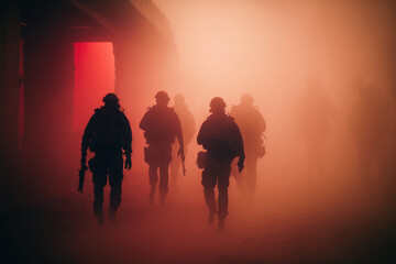 Wall Mural - AI generated silhouettes of army soldiers attacking in smoke against sunset marines team in action