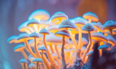  a bunch of mushrooms that are sitting on a counter top in a room with a blue light in the middle of the room and a blurry background.  generative ai