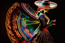 Fabulous Cinco De Mayo Female Dancer In Neon Light. Beautiful Female Model In Traditional Costume And Sombrero Dancing..Generative AI