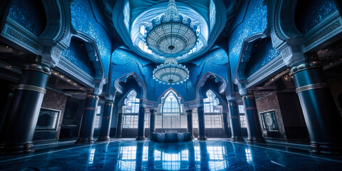 Wall Mural - Dark modern palace interior architecture design, blue, chandeliers. Generative AI