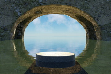 Wall Mural - Abstract 3d render and Natural background, Stone podium on river and under the stone tunnel for product display advertising or etc