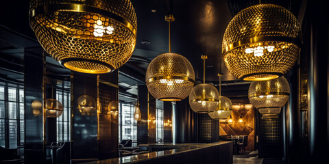 Luxury hotel interior design, black and gold, hanging sphere metal mesh lights. Generative AI