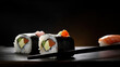 Sushi closeup in a restaurant on a dark background. AI