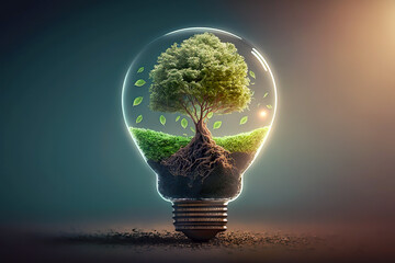 Wall Mural - In the name of Electric Energy and energy saving, for environmentally friendly energy sources. Green tree inside the bulb.AI generated illustration.