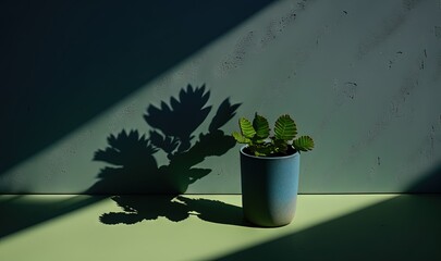 Wall Mural -  a plant casts a shadow on the wall of a potted plant on a green surface with a shadow cast on the wall behind it.  generative ai