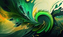  A Painting Of A Green And Yellow Swirl On A White Background With A Black Border Around The Center Of The Image Is A Yellow And Green Swirl.  Generative Ai