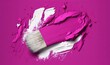  a pink paintbrush with white bristles on a pink background with white paint smudges on the top of the brush and the bottom of the brush.  generative ai