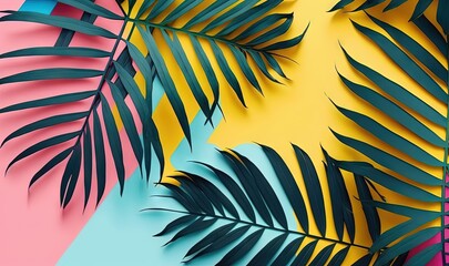  a palm leaf on a pink, blue, and yellow background with a pink and blue background and a pink and blue background with a blue border.  generative ai