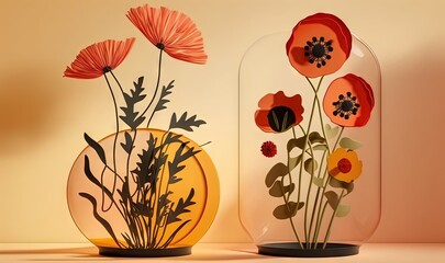  two glass vases with flowers in them on a table next to each other on a shelf with a yellow wall in the back ground.  generative ai