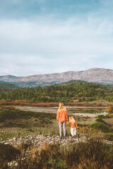 Wall Mural - Mother and child walking outdoor explore Rhodes island nature family lifestyle travel together vacations in Greece woman parent hiking with daughter