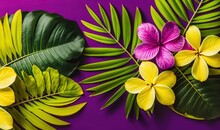  A Purple Background With Yellow And Pink Flowers And Green Leaves On The Left And A Pink And Yellow Flower On The Right Side Of The Image.  Generative Ai