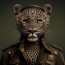 Realistic Lifelike Jaguar In Dapper Military Army Formal Suit Shirt Beret, Commercial, Editorial Advertisement, Surreal Surrealism	