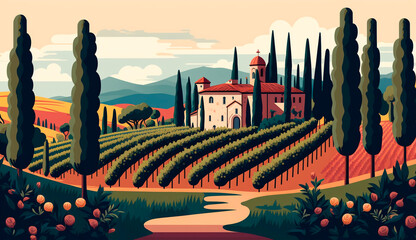 Wall Mural - Italy Tuscan vineyards Summer landscape for design banner ticket, card, poster. Generative AI