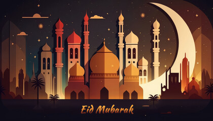 Eid Mubarak background banner. Islamic Greeting Cards for Muslim Holidays and Ramadan, Generative AI