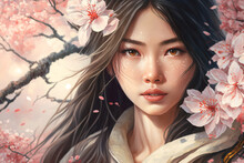 Asian Young Woman Near Sakura, Pretty Girl Portrait And Cherry Flowers, Generative AI