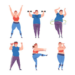 Poster - Overweight Man and Woman Character Training with Dumbbell and Hula Hoop Getting Fit Vector Set