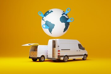 Poster - Vans, buses against the background of the planet and GEO markers. The concept of parcel delivery, logistics and courier work. 3D render, 3D illustration.