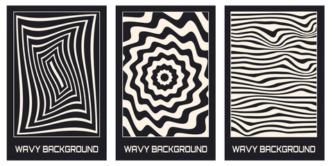 Wall Mural - Vector set of abstract posters with optical waves. Bckgrouns in trendy psychedelic style.Vector illustration