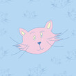 Hand drawn cute, cartoon pink smiling cat illustration on blue background with happy cats, pastel color texture for children; kids