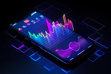 Smartphone with data graph tracking app data. The concept of coding and programming applications for mobile devices. Black background, generative ai