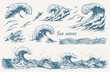 © Aliaksandr Siamko - Hand-drawn vector set of ocean waves, including storm waves, tides, and beach waves, in a vintage sketch style