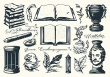 Hand-drawn Vector Set Of Literature Elements In Engraving Style, Including Inkwell, Writing Tools, Books, Ancient Manuscripts, Typewriter, And Antique Column