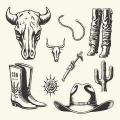 Wall Mural - Vintage symbols of the Wild West in a hand-drawn vector sketch illustration, including a cowboy hat, boots, cow skull, and gun icons