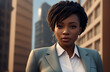 © Anton Dios - A stylish African-American woman in a business suit. Business woman. Generative AI.