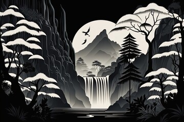 Wall Mural - Waterfall and mountain landscape in traditional oriental, minimalist Japanese style. AI