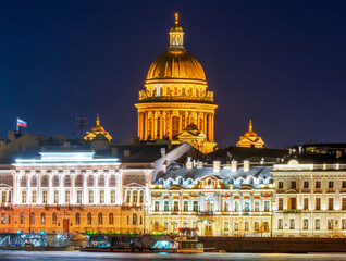 Wall Mural - English embankment and dome of St. Isaac's Cathedral at night, Saint Petersburg, Russia