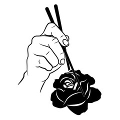 Human hand holding single rose flower with chopsticks. Funny vegan design. Devouring of beauty. Black and white silhouette.