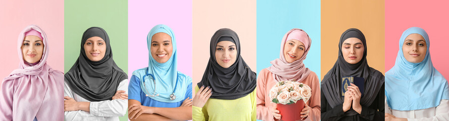 Wall Mural - Set of Muslim women on color background