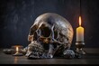 Human skull with candleson dark background with copy space. Concept of witchcraft dark magic. 