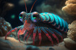 beautiful underwater close-up portrait of a bioluminescence mantis shrimp - post-processed generative AI