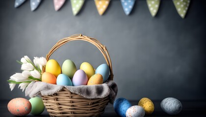 Wall Mural - Background of colorful easter eggs in basket. Wallpaper illustration. Front view with copy space for text information or content. Concept of Happy Easter, festive greeting card. Generative AI.