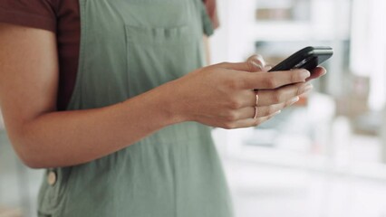 Poster - Closeup, hands and woman with smartphone, connection and communication for small business owner, texting and chatting. Zoom, female employee and creative with cellphone, social media and message