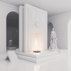 Wall Mural - Luxurious fireplace with a flame of expensive white marble on the museum 