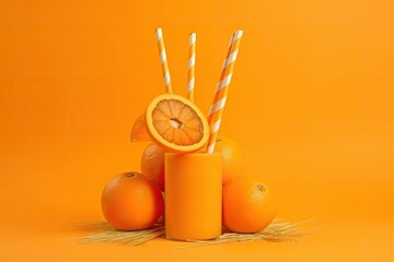 Canvas Print - Summer composition with fresh stacked orange slices and straw on vibrant orange background. Creative healthy diet concept. Organic tropical fruit juice. Generative AI