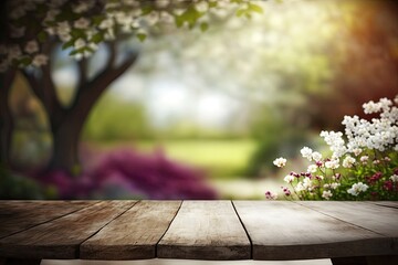 Product Display Table with Spring Flower Background (Generative AI)