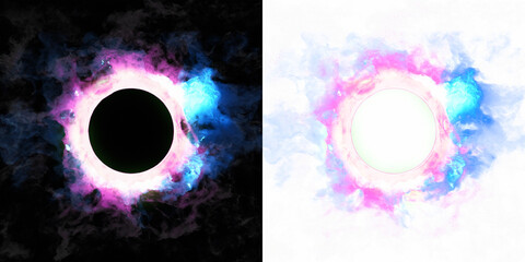 Poster - Round portal glowing in pink and blue neon lights against a black or transparent PNG background. Teleportation Ring, Gateway, Interdimensional Wormhole.