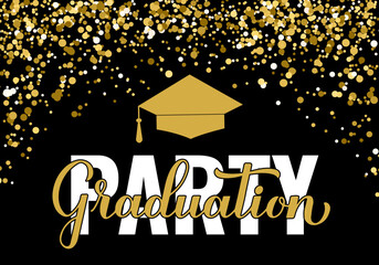 Wall Mural - Graduation party banner. Congratulations to graduates typography poster.  Gold confetti prom decorations. Vector illustration