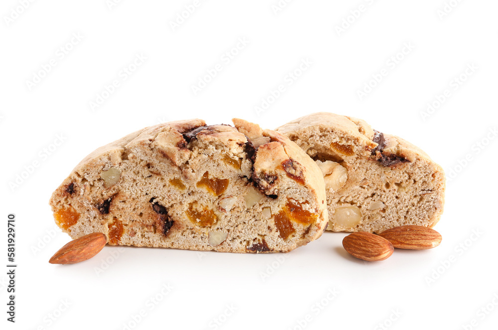 Delicious biscotti cookies and almond nuts isolated on white background