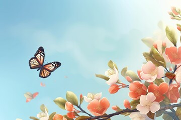 Horizontal banner with Japanese Quince flowers and two Monarch butterfly on blue sky backdrop. Beautiful nature spring background with a branch of blooming Quince and butterflies. Copy space for text