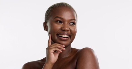 Poster - Thinking, happy and hand on face of black woman in studio for body care, wellness or cosmetics on white background. Portrait, smile and girl beauty model relax with skincare, treatment or results