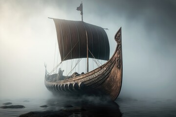 vikings boat in a fog. ai generation
