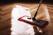 Microfiber mop wiping puddle of water on laminate floor, selective focus. AI generated, human enhanced