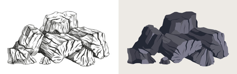 coal pile hand drawn. bonfire and fireplace. coal for bbq, barbecue and cooking food on grill. natur